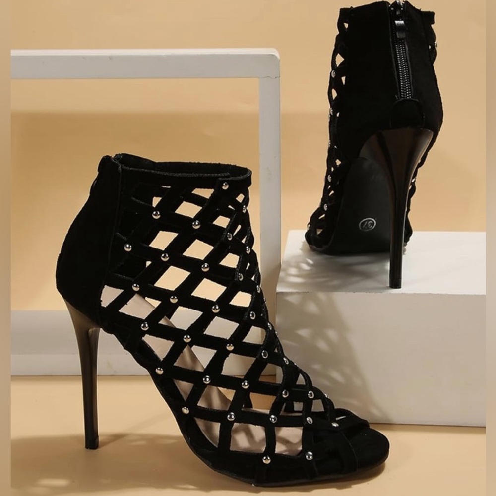 Hollowed Out Black Suede Studded Stiletto Heels - Generic Brand - Size US 8